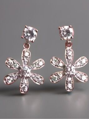 Dressy Silvertone Bling Flower dangle pierced post earrings